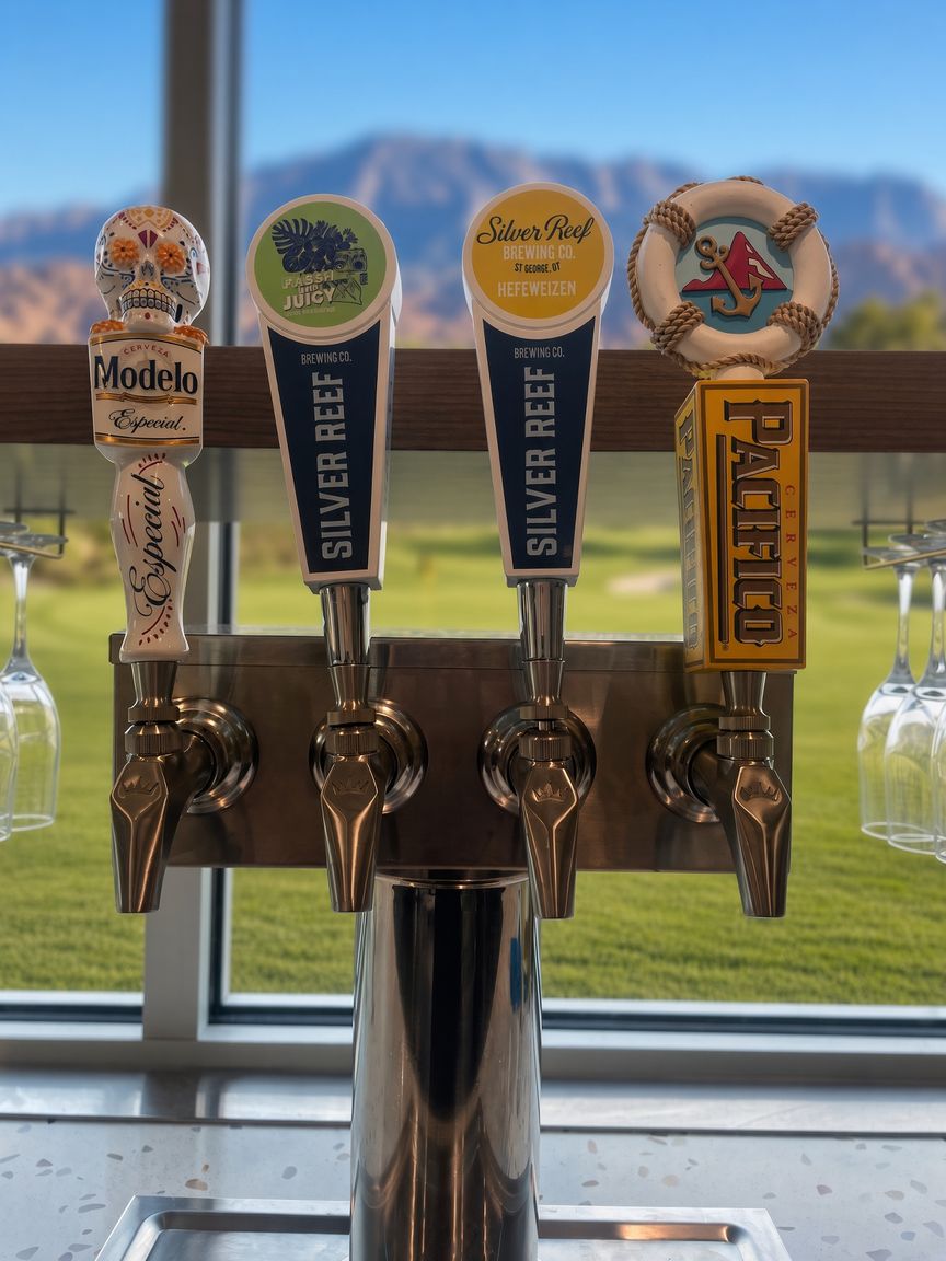 The four beer taps at Back Nine Bistro & Bar, two of them Silver Reef Brewing from St. George, with Green Spring Golf Course through the window behind
