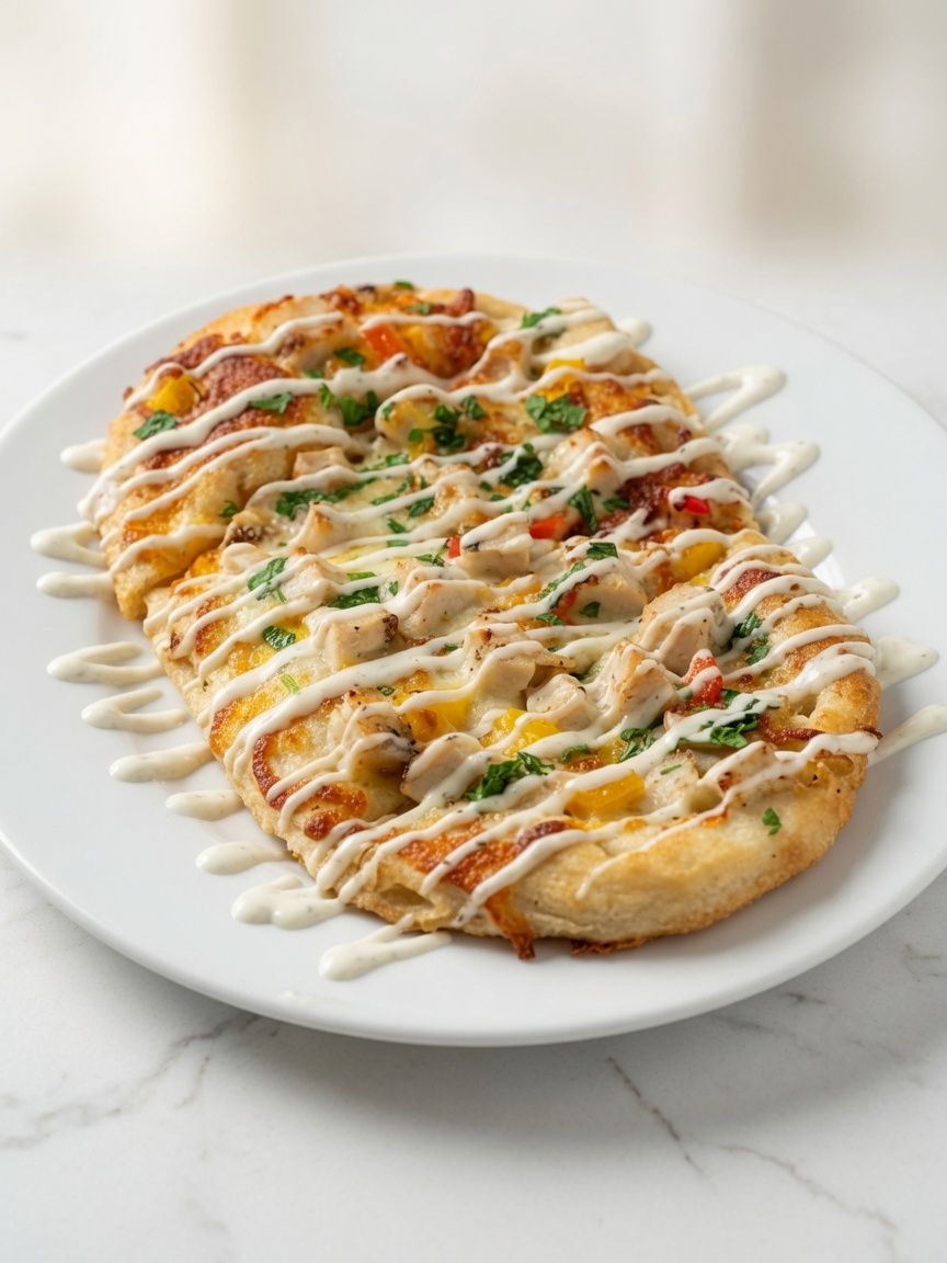 The Canyon View flatbread at Back Nine Bistro & Bar — grilled chicken, mozzarella, roasted peppers and a ranch drizzle
